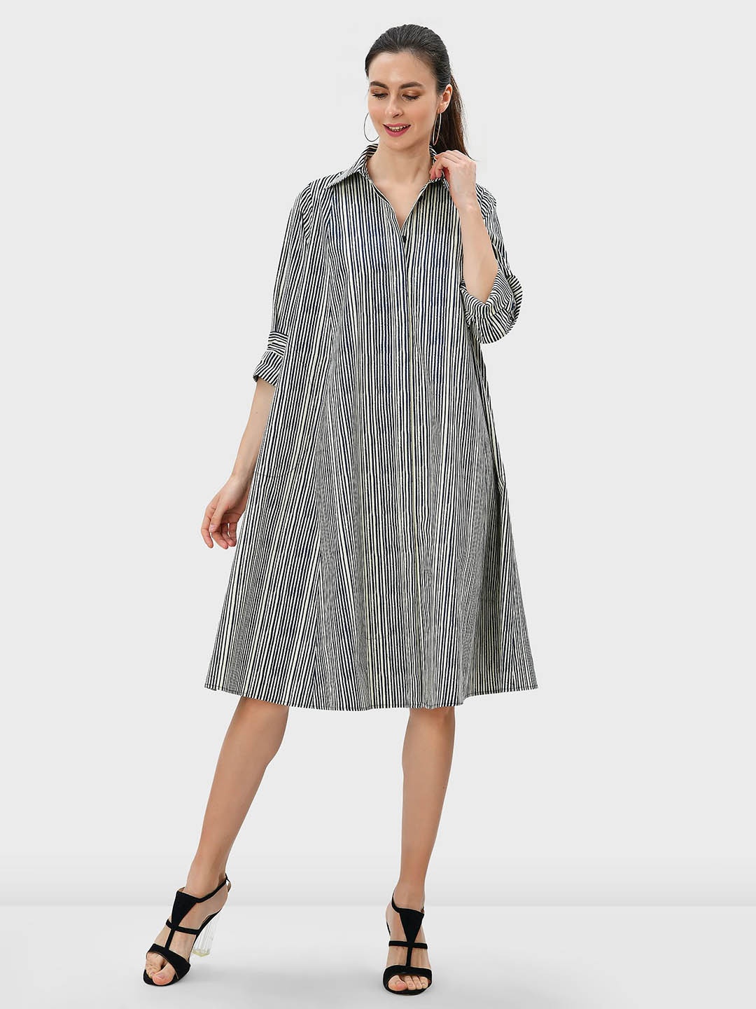 

Zapelle Shirt Collar Striped A-Line Dress, Off white