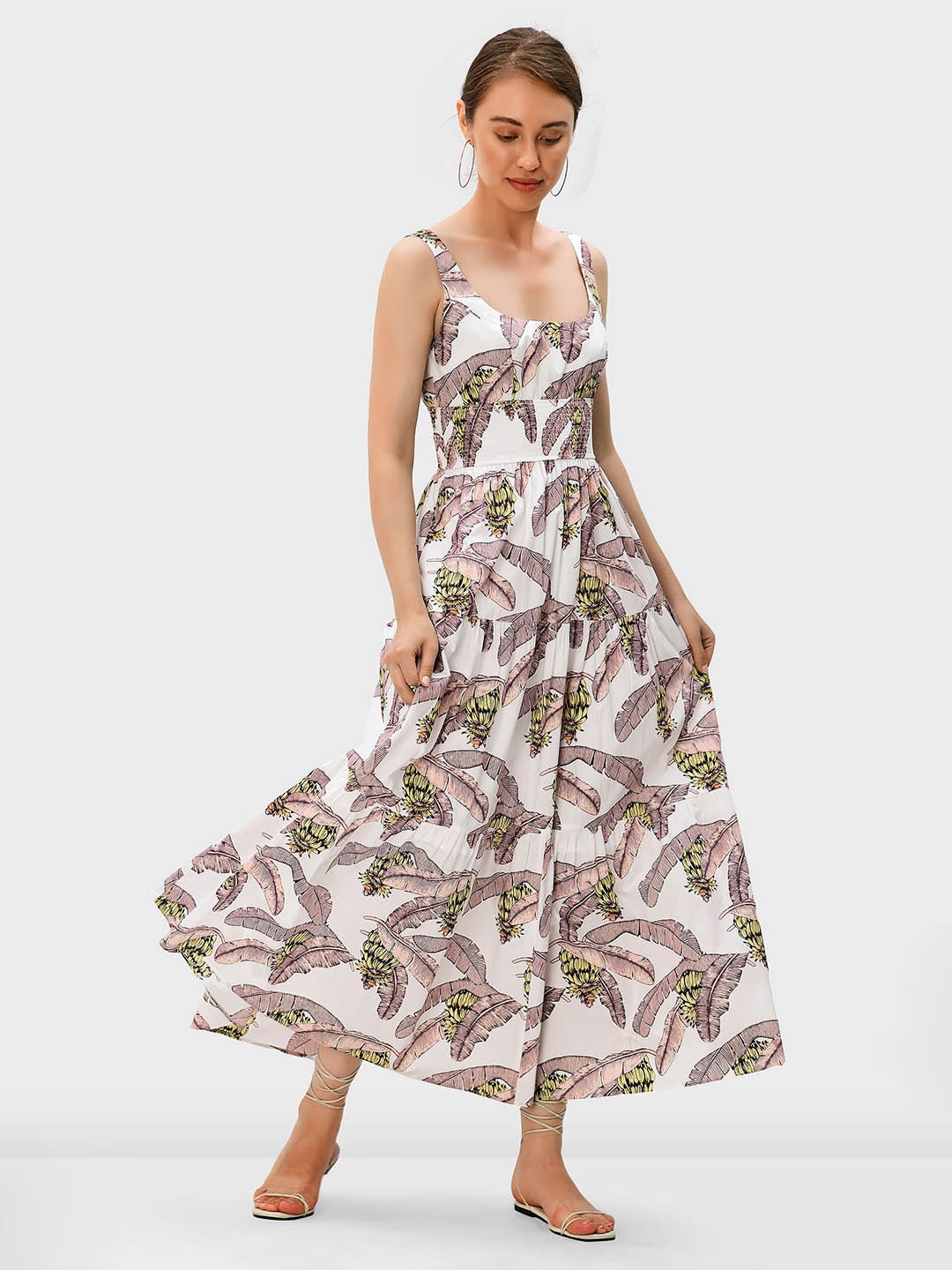 

Zapelle Tropical Printed Smocked Tiered Cotton Fit & Flare Maxi Dress, White