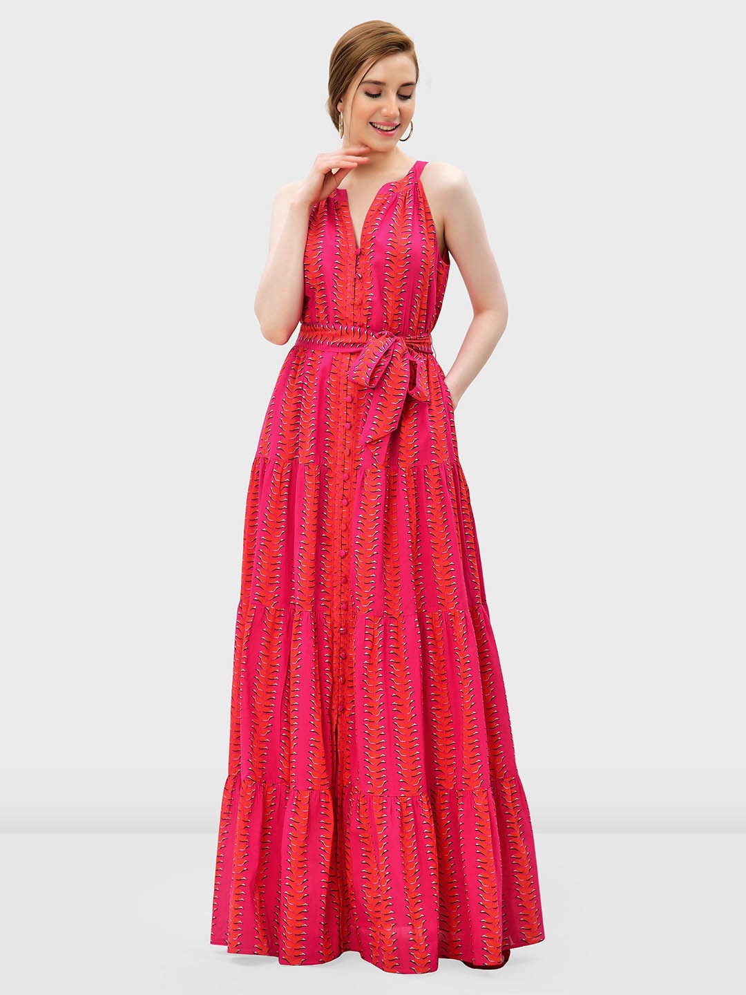 

Zapelle Printed Cotton Sleeveless Maxi Dress with Belt, Pink