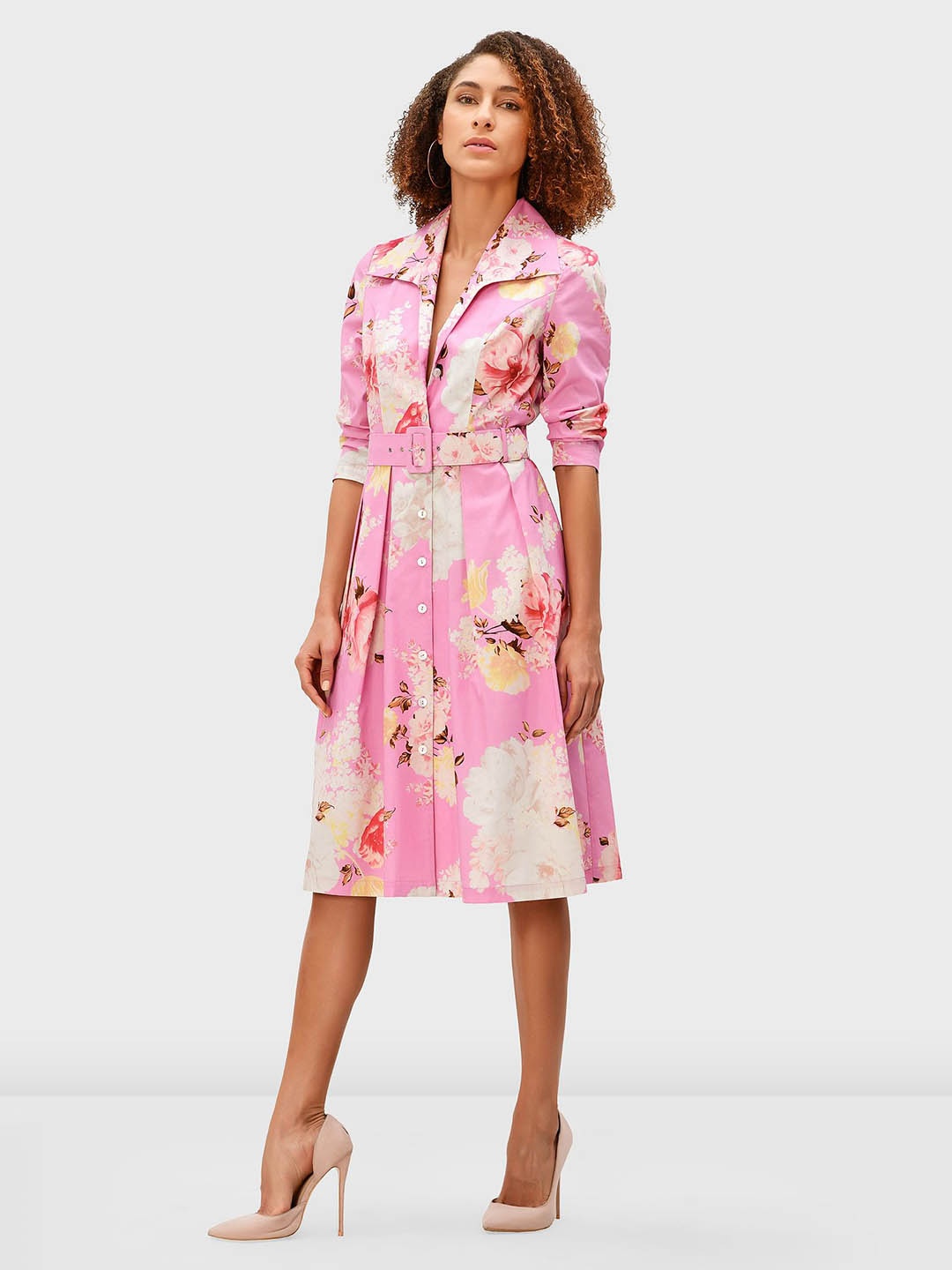 

Zapelle Floral Printed Knee Length Cotton Shirt Dress With Belt, Pink
