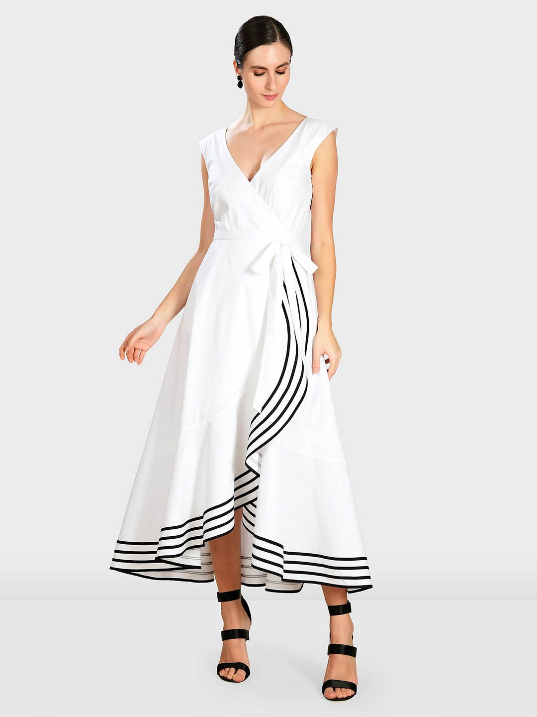 

Zapelle Striped V-Neck Cotton Wrap Midi Dress, White