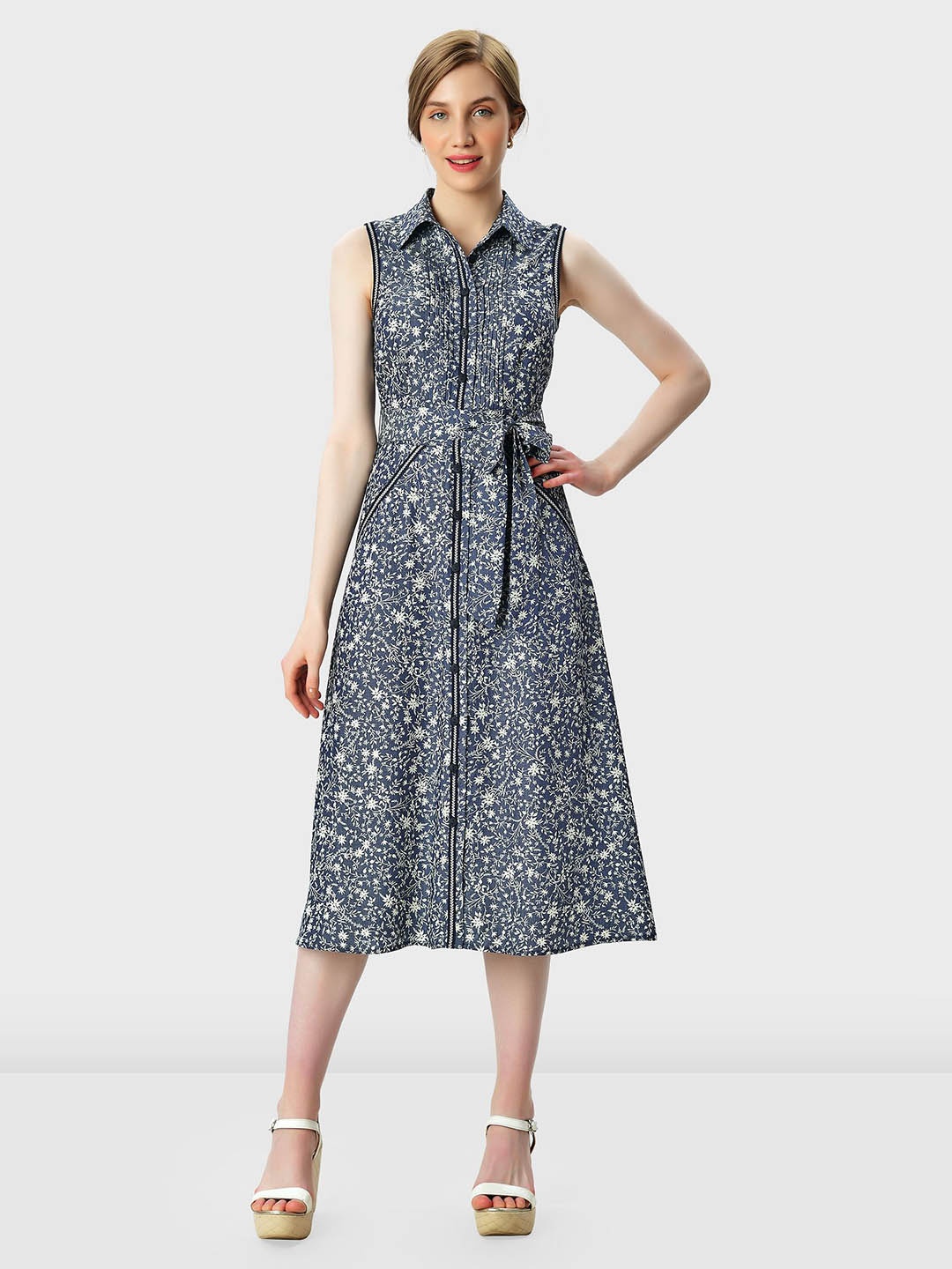 

Zapelle Floral Printed Sleeveless Midi A-Line Dress with Belt, Navy blue
