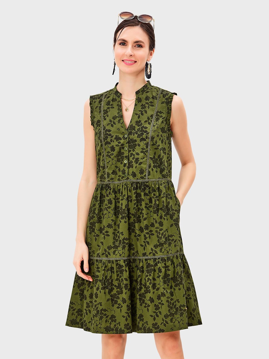 

Zapelle Floral Print Fit & Flare Cotton Dress, Green