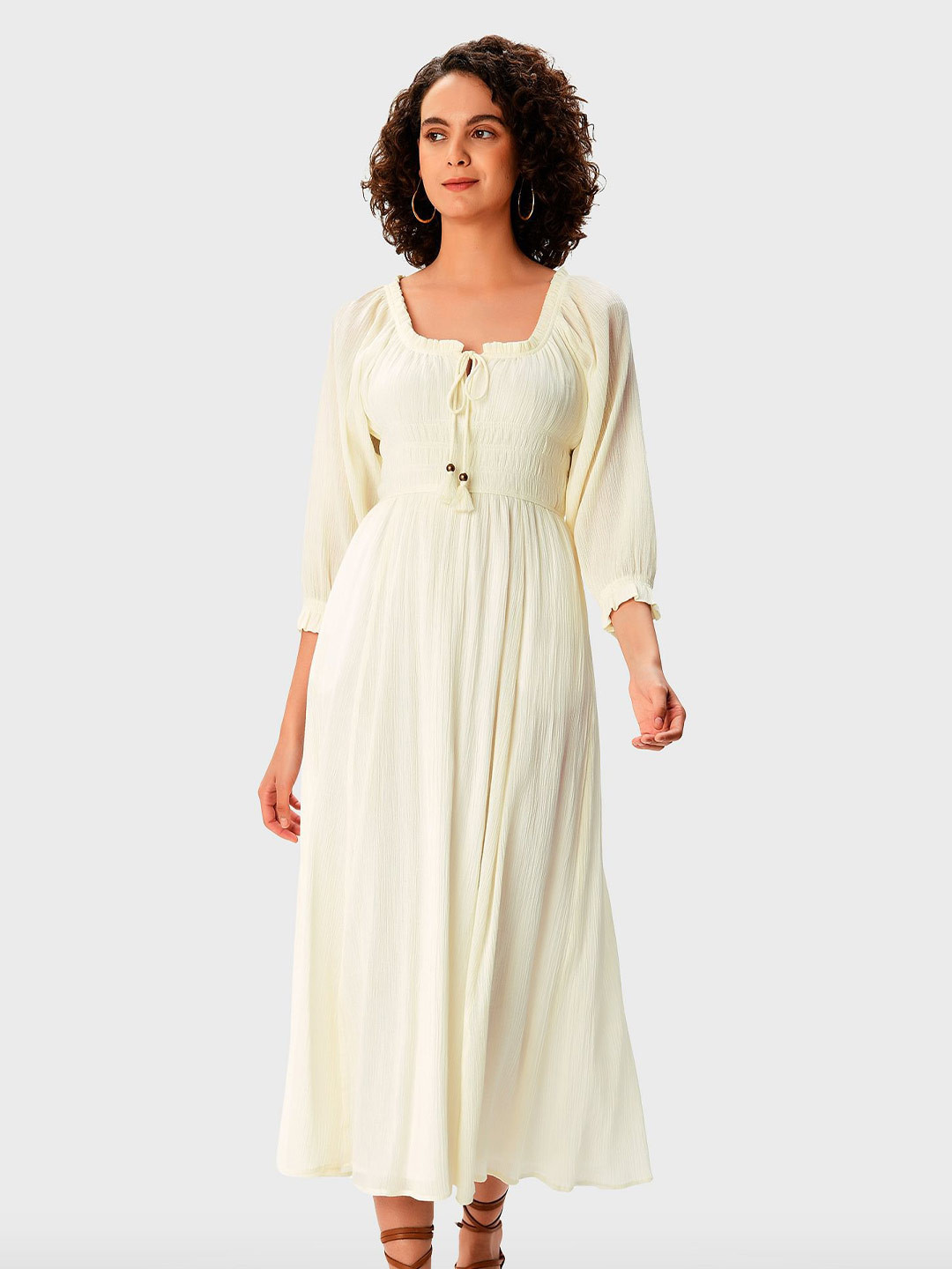 

Zapelle Extended Sleeves Smocked Fit & Flare Midi Dress, Off white