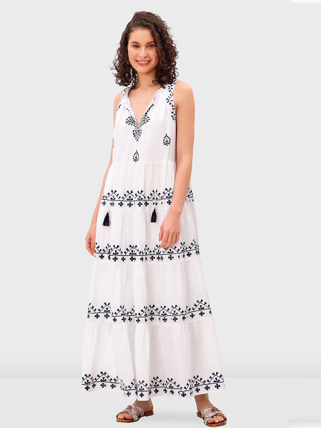 

Zapelle Embroidered Cotton Tie-Up Neck Sleeveless Maxi Dress, White