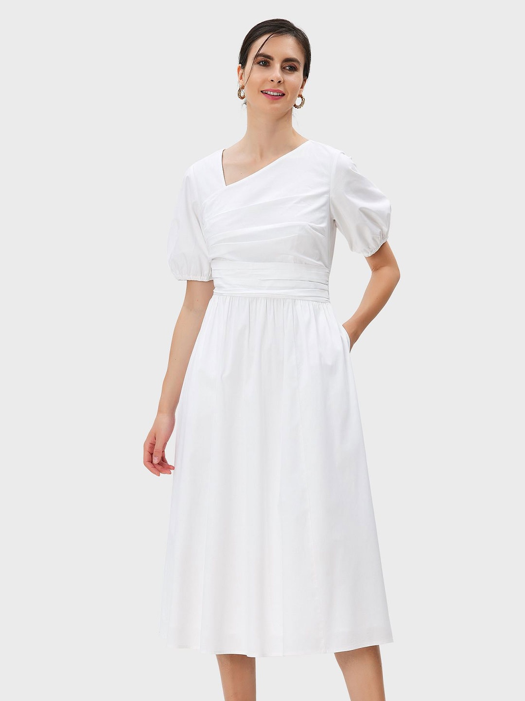 

Zapelle Striped Cotton Fit & Flare Midi Dress, White
