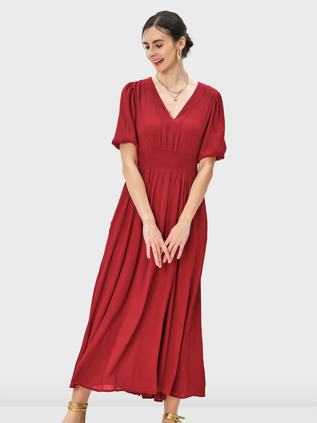 

Zapelle V-Neck Smocked Waist Maxi Dress, Red
