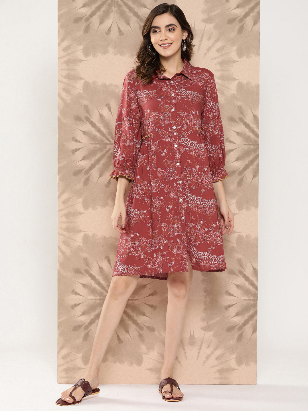 

Nayam By Lakshita Floral Printed Ruffled Shirt Dress, Rust