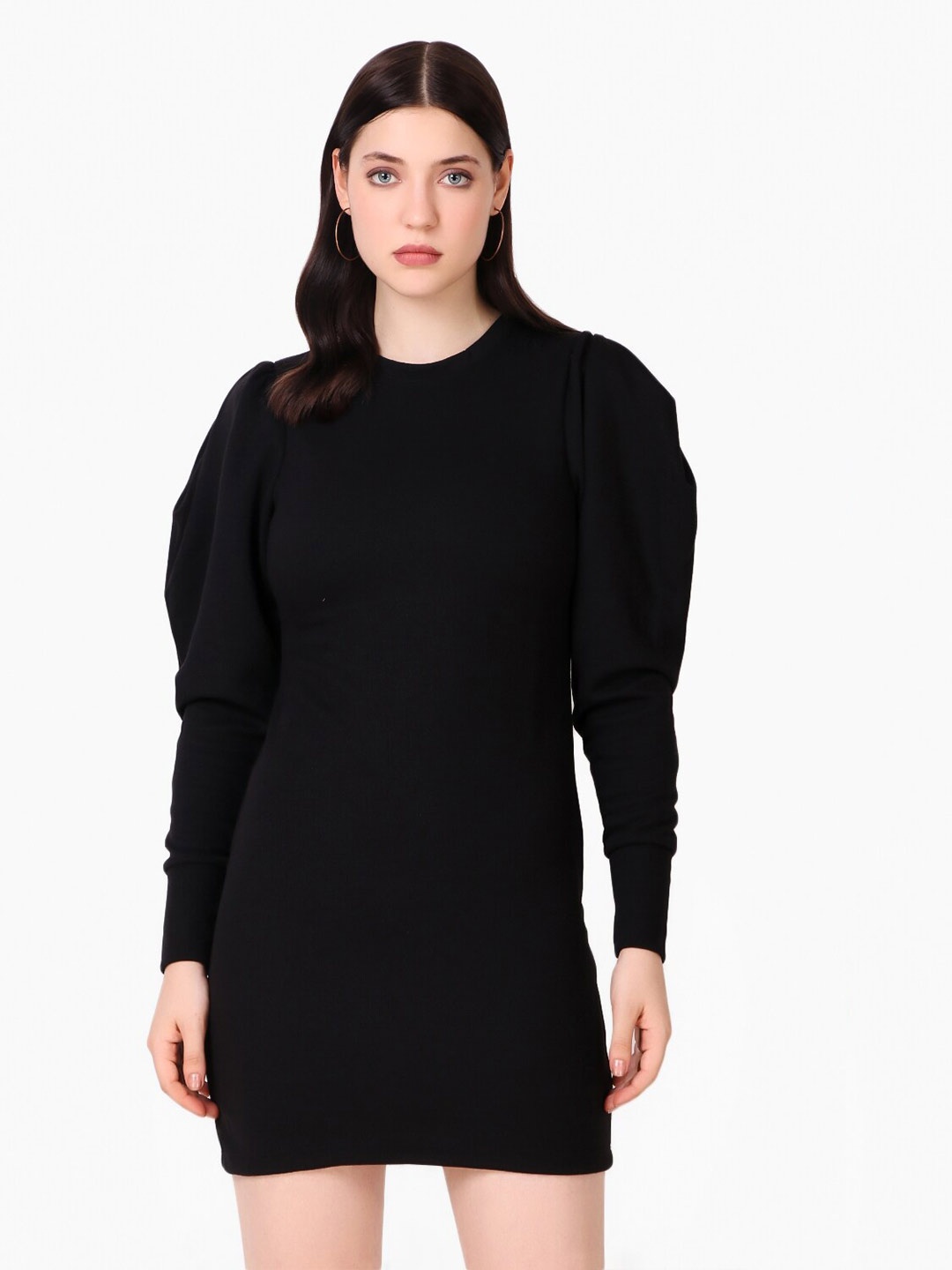 

Taggd Bishop Sleeves Crepe Knitted Bodycon Dress, Black
