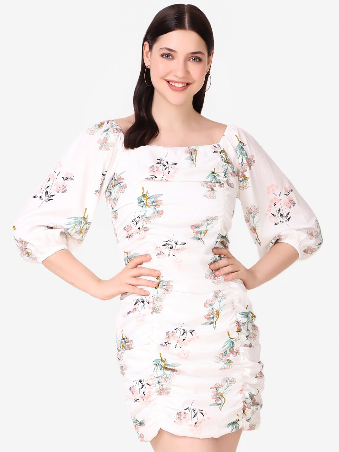 

Taggd Floral Printed Ruched Georgette Mini Sheath Dress, White