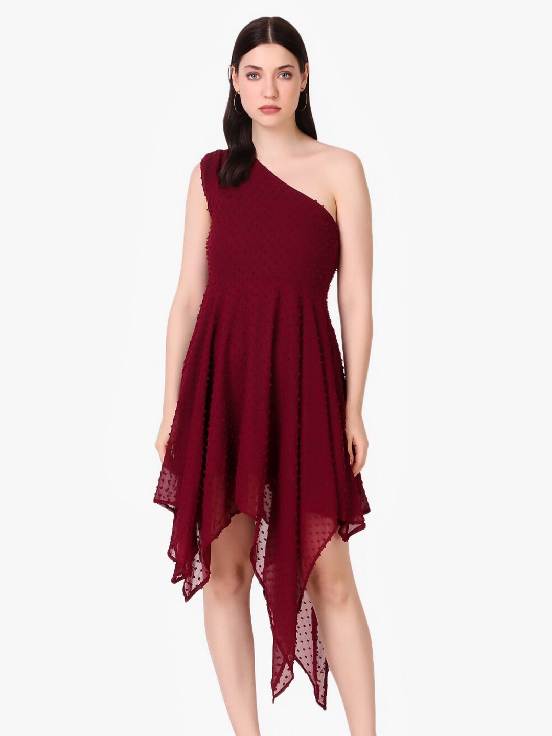 

Taggd One Shoulder Georgette Asymmetric Fit & Flare Dress, Burgundy
