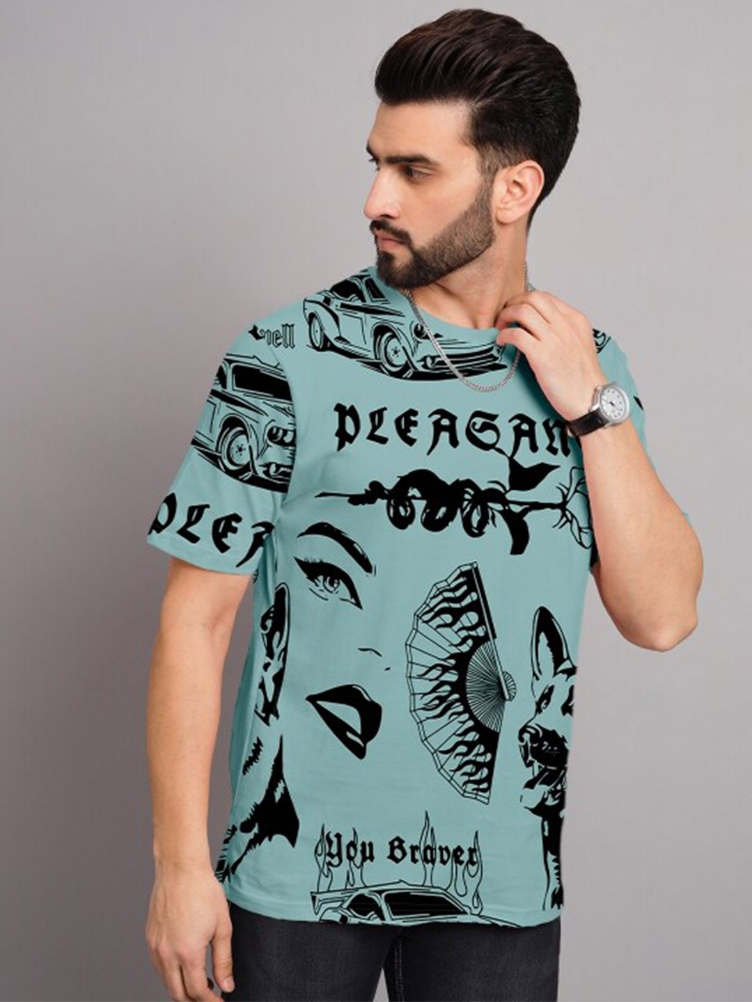 The Dry State Converasational Printed Cotton Loose T-shirt, Turquoise blue