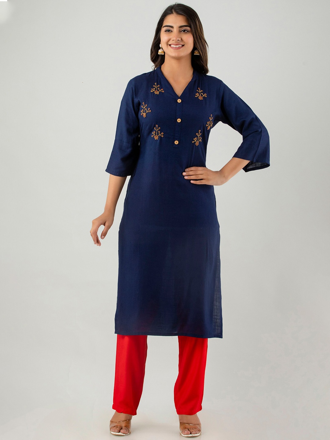 

DORIYA Embroidered Beads Detail Mandarin Collar Kurta with Trousers, Navy blue