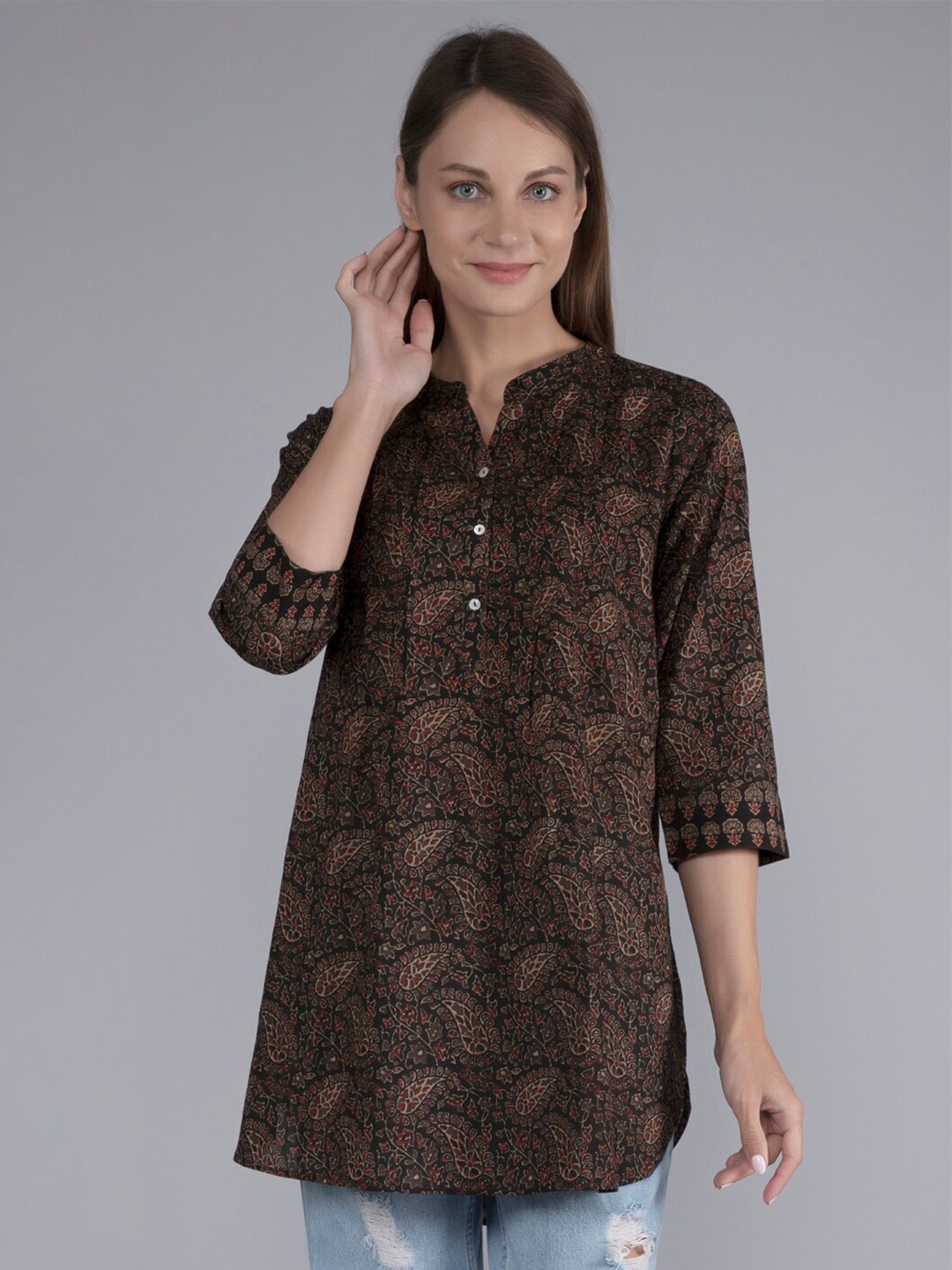 

FINSBURY LONDON Ethnic Motifs Printed Mandarin Collar Cotton Tunic, Brown