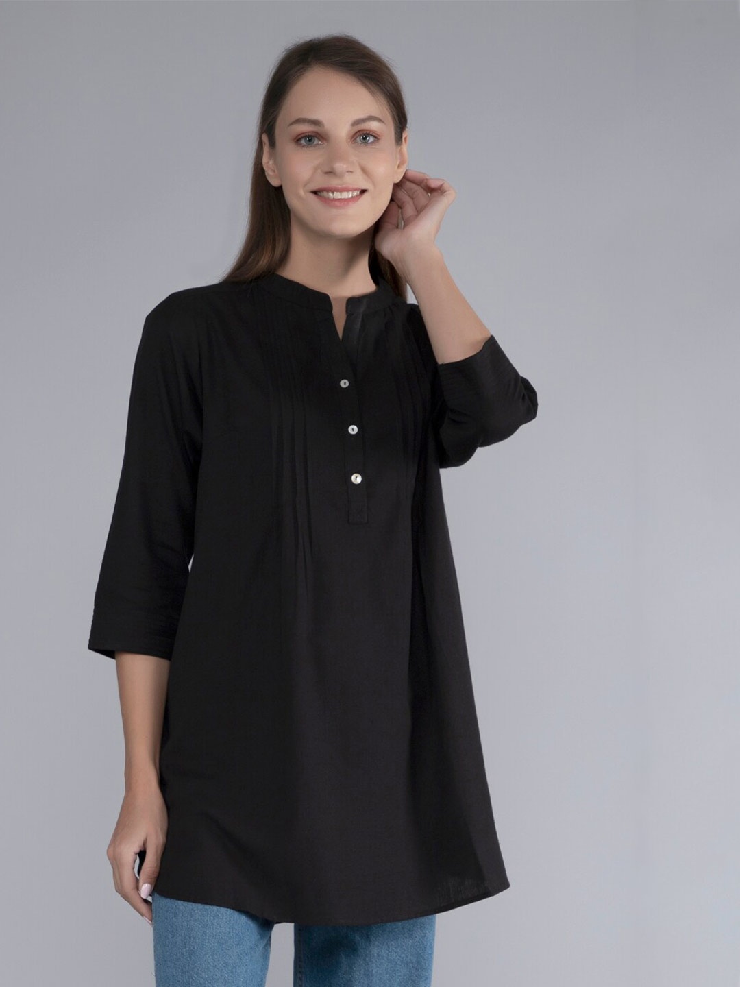 

FINSBURY LONDON Mandarin Collar Pleated Cotton Tunic, Black