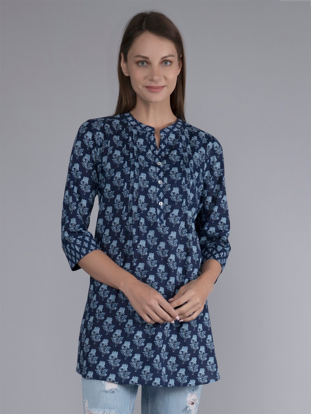 

FINSBURY LONDON Ethnic Motifs Printed Mandarin Collar Cotton Tunic, Blue