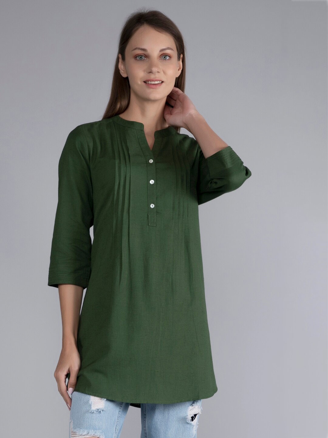 

FINSBURY LONDON Mandarin Collar Pleated Cotton Tunic, Green