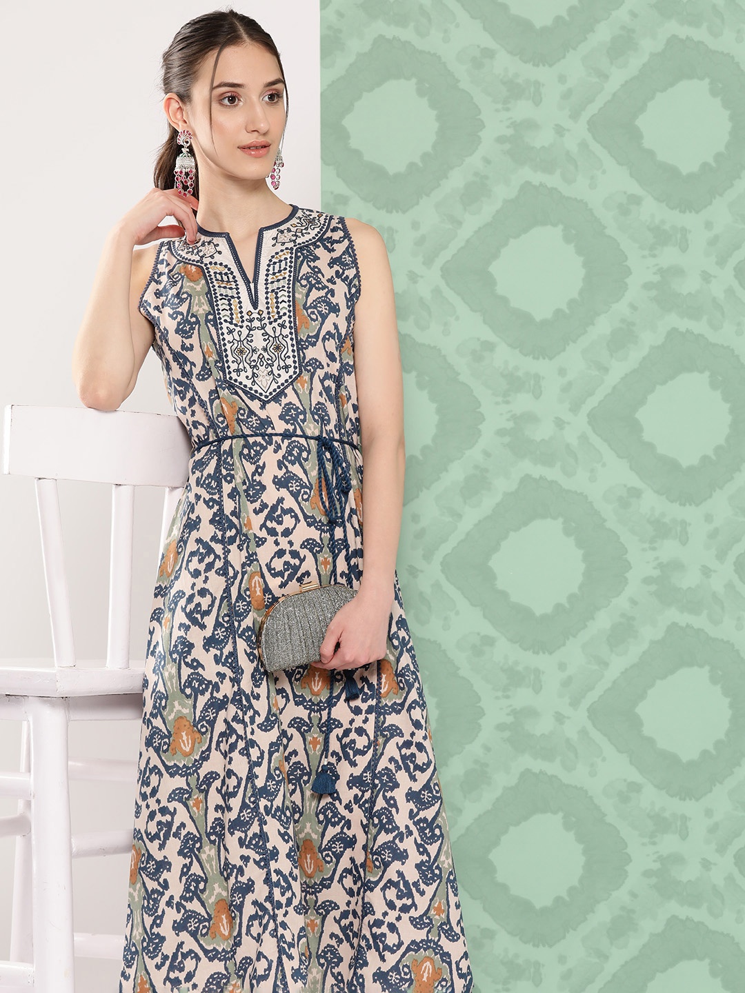 

Nayam By Lakshita Ethnic Motifs Print Cotton A-Line Midi Dress, Multi