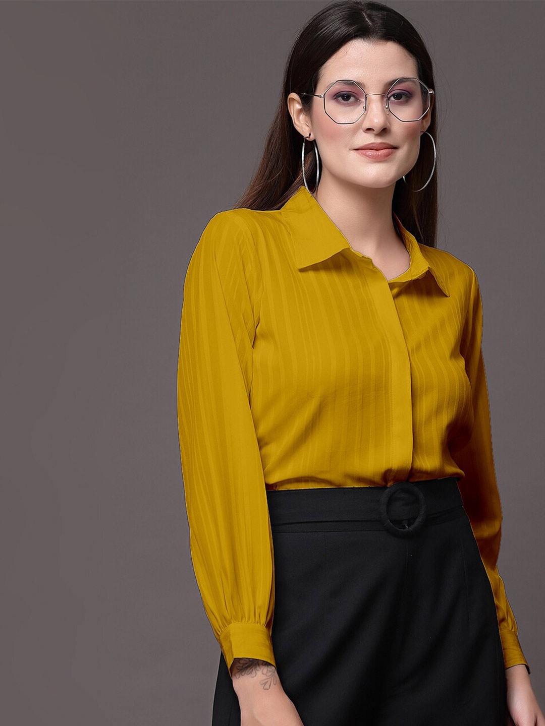 

Selvia Vertical Stripes Opaque Casual Shirt, Yellow