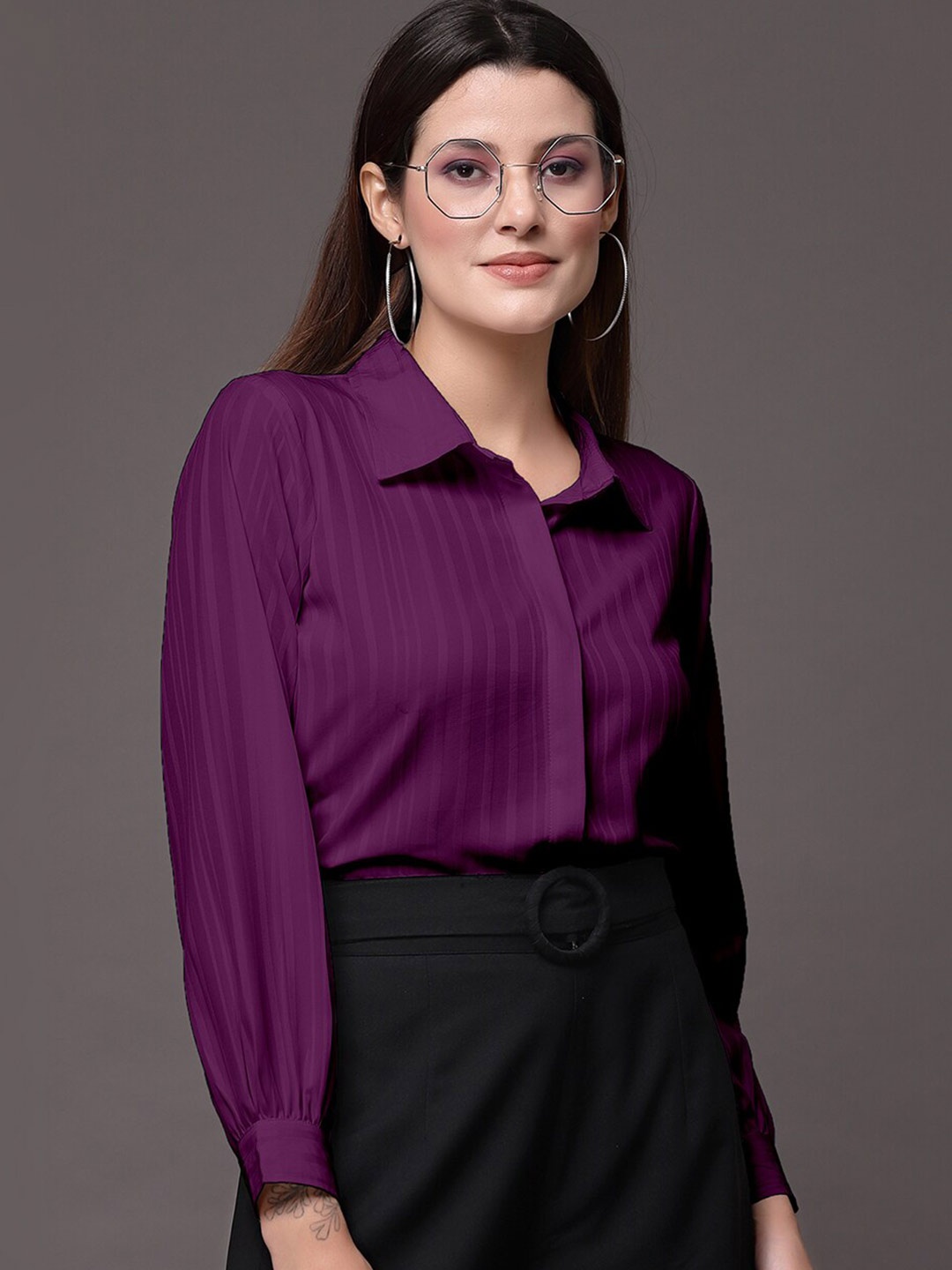 

Selvia Vertical Stripes Opaque Casual Shirt, Purple