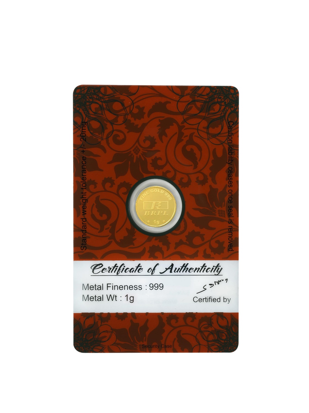 

BANGALORE REFINERY 24KT 999 Purity Gold Coin- 1 g