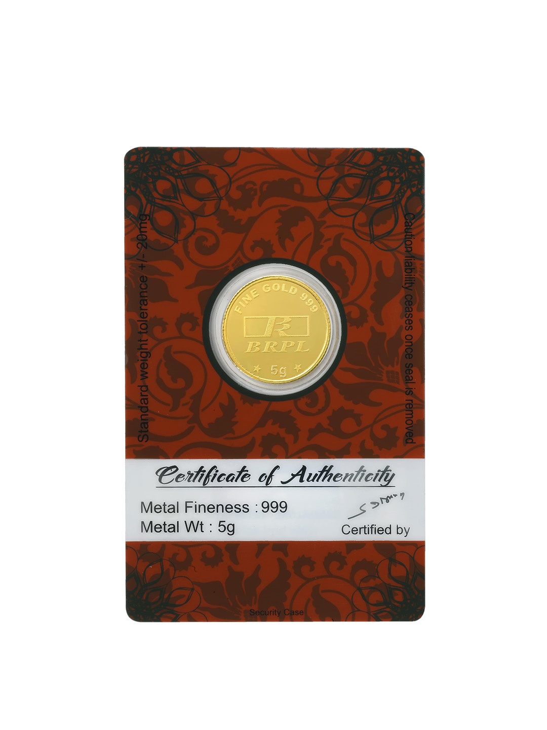 

BANGALORE REFINERY 24KT 999 Purity Gold Coin- 5 g