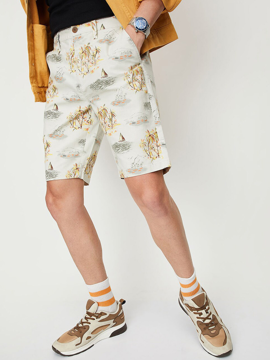 

max Men Conversational Printed Knee Length Pure Cotton Shorts, White