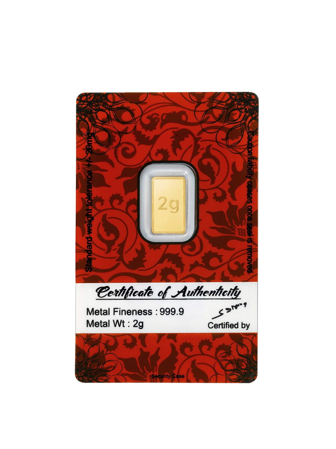 

BANGALORE REFINERY 24KT 999.9 Purity Gold Bar- 2 g