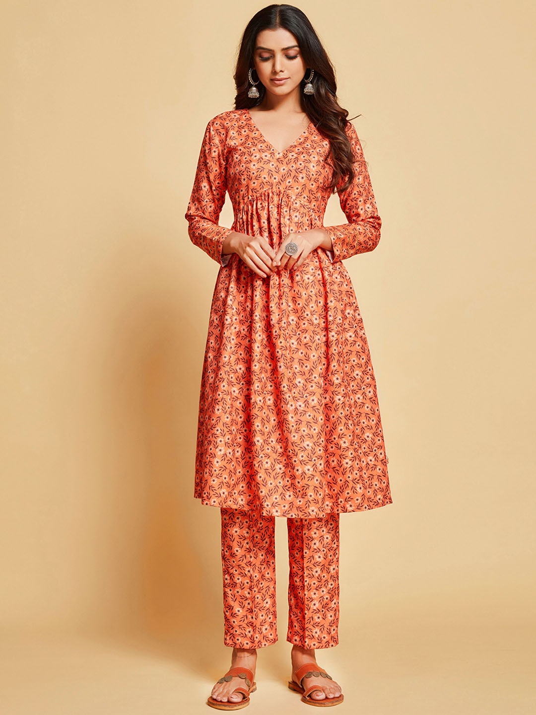 

Ishin Orange & Brown Floral Printed V Neck Gotta Patti A-Line Kurta With Trousers