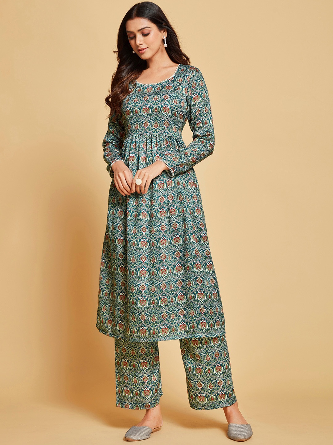 

Ishin Green & Red Ethnic Motifs Printed A-Line Kurta With Palazzos