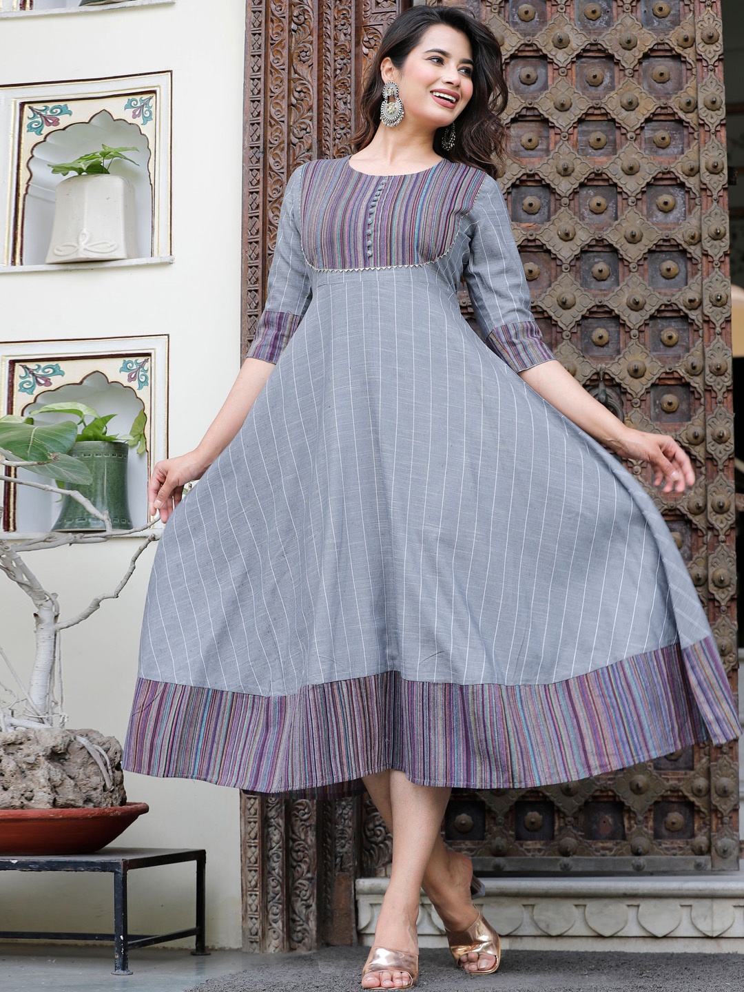 

Sanganeri Kurti Striped Fit and Flare Ethnic Dress, Grey