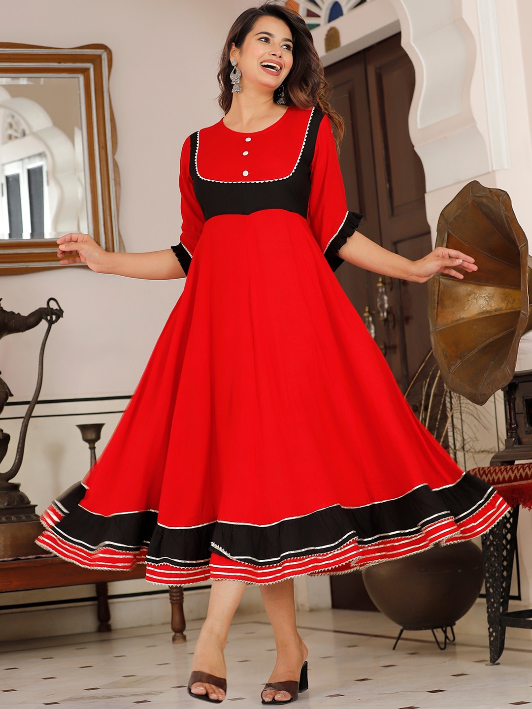 

Sanganeri Kurti Round Neck Lace Detail Midi Ethnic Dress, Red