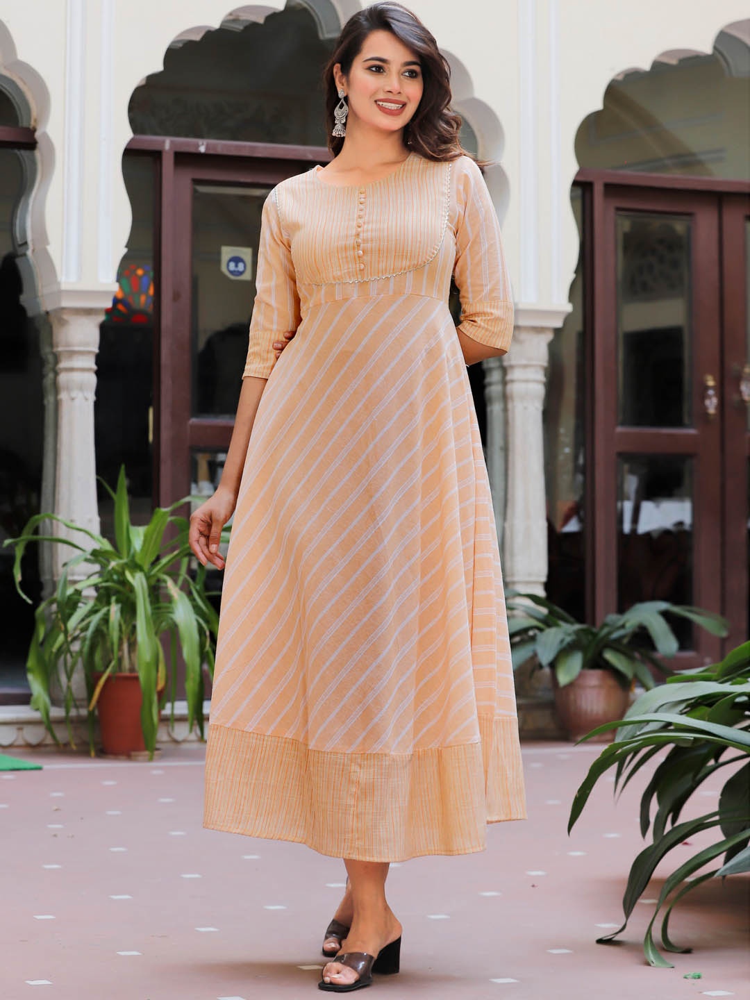 

Sanganeri Kurti Striped Midi Ethnic Dress, Orange