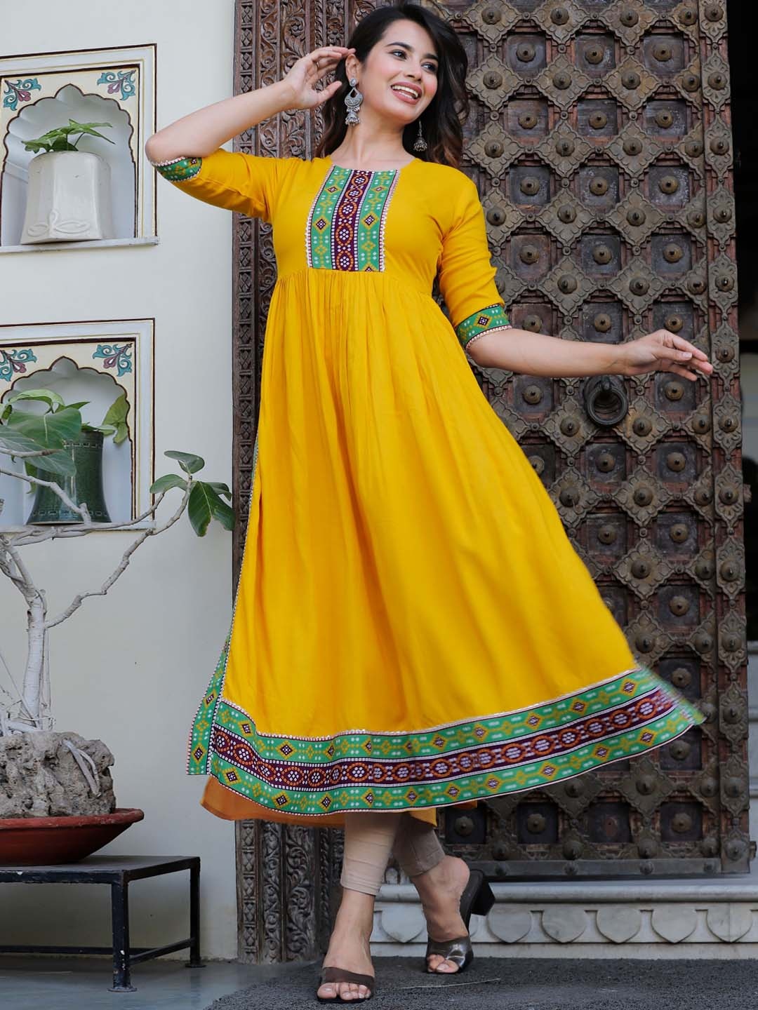 

Sanganeri Kurti Bandhani Printed Gotta Patti Pleated A-Line Kurta, Mustard