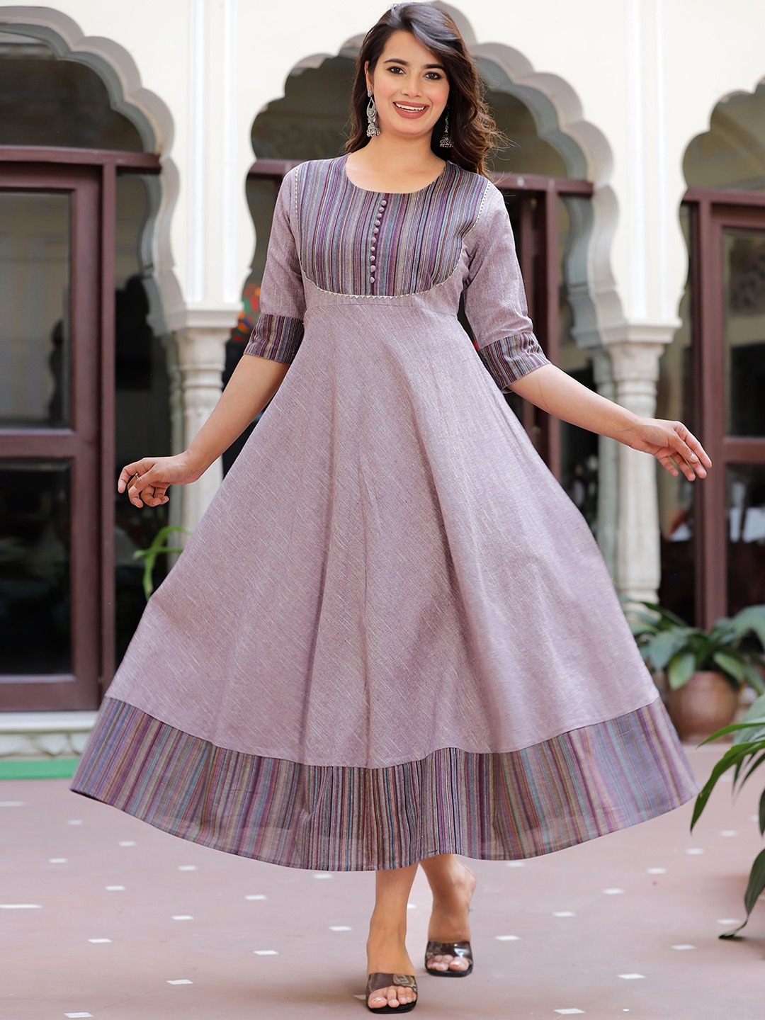

Sanganeri Kurti Striped Midi Ethnic Dress, Purple