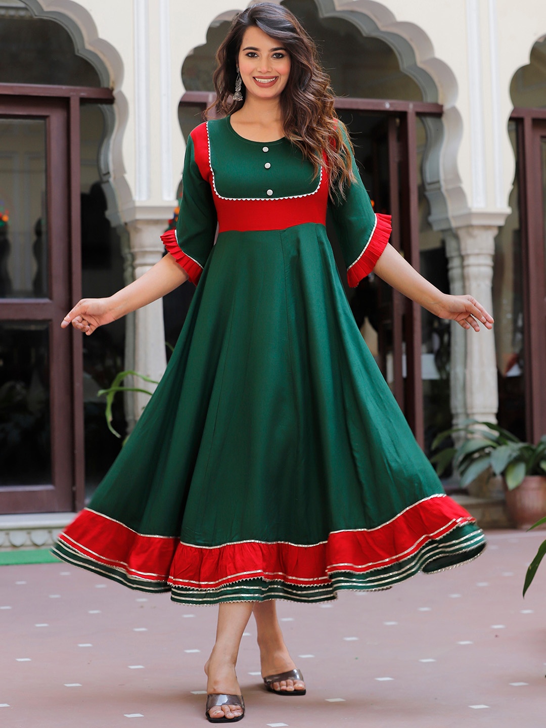 

Sanganeri Kurti Round Neck Lace Detail Midi Ethnic Dress, Green