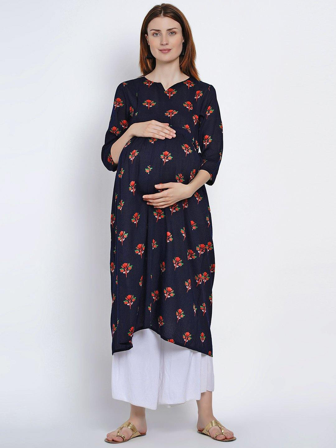 

Mine4Nine Floral Printed Maternity A-Line Kurta, Navy blue