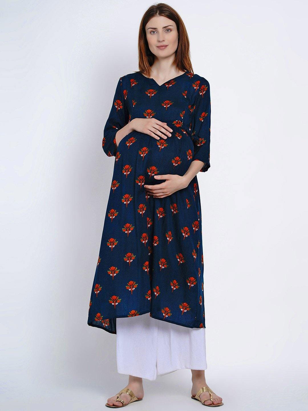 

Mine4Nine Floral Printed Maternity A-Line Kurta, Navy blue