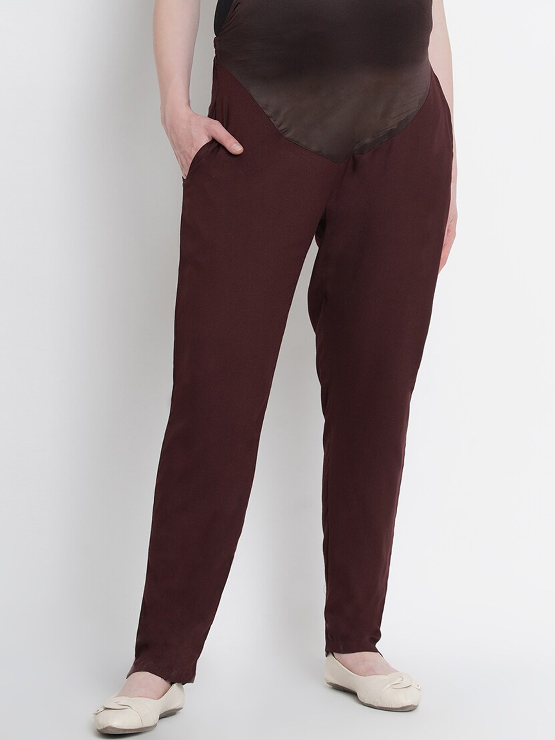 

Mine4Nine Women Easy Wash Straight Maternity Trousers, Brown