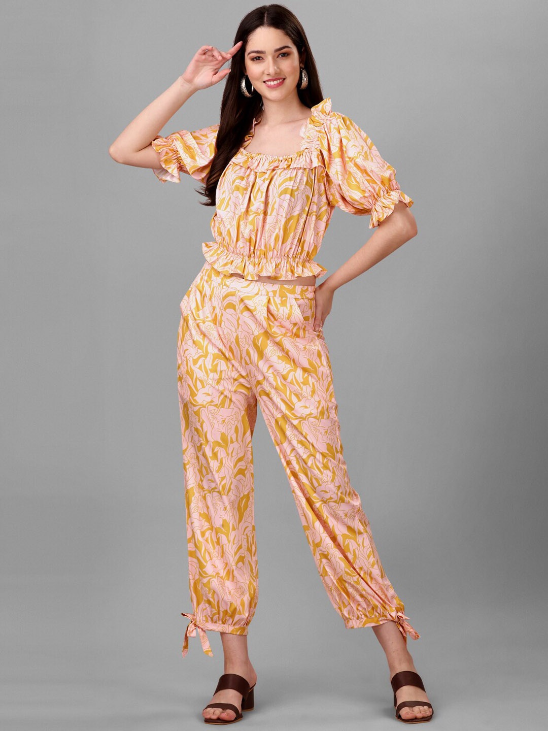 

Masakali.Co Printed Square Neck Top With Trouser Co-Ords, Peach