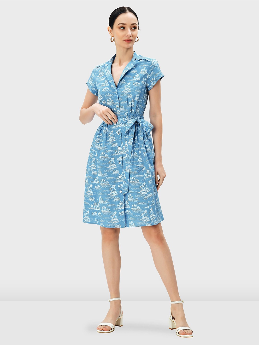 

Zapelle Tropical Printed Cotton Shirt Dress With Belt, Blue