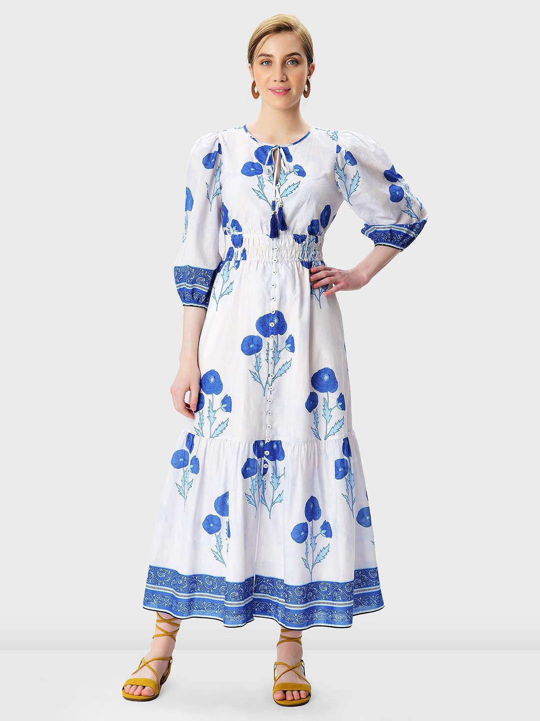 

Zapelle Floral Printed Tie-Up Neck Puff Sleeve Fit & Flare Maxi Dress, White