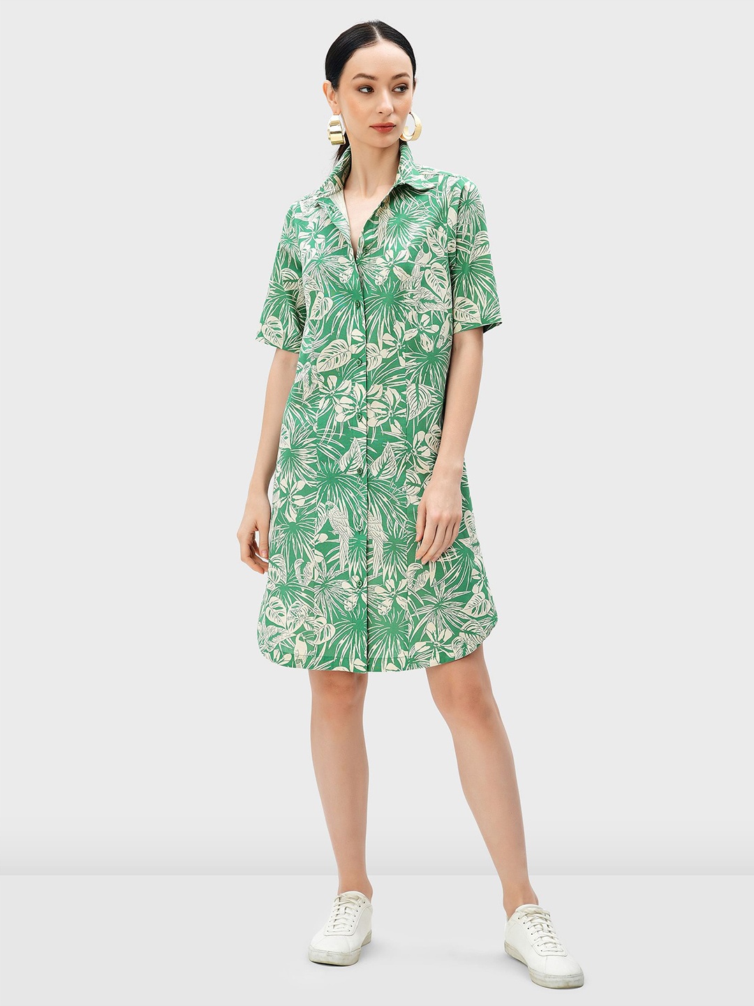 

Zapelle Floral Printed Knee Length Cotton Shirt Dress, Green