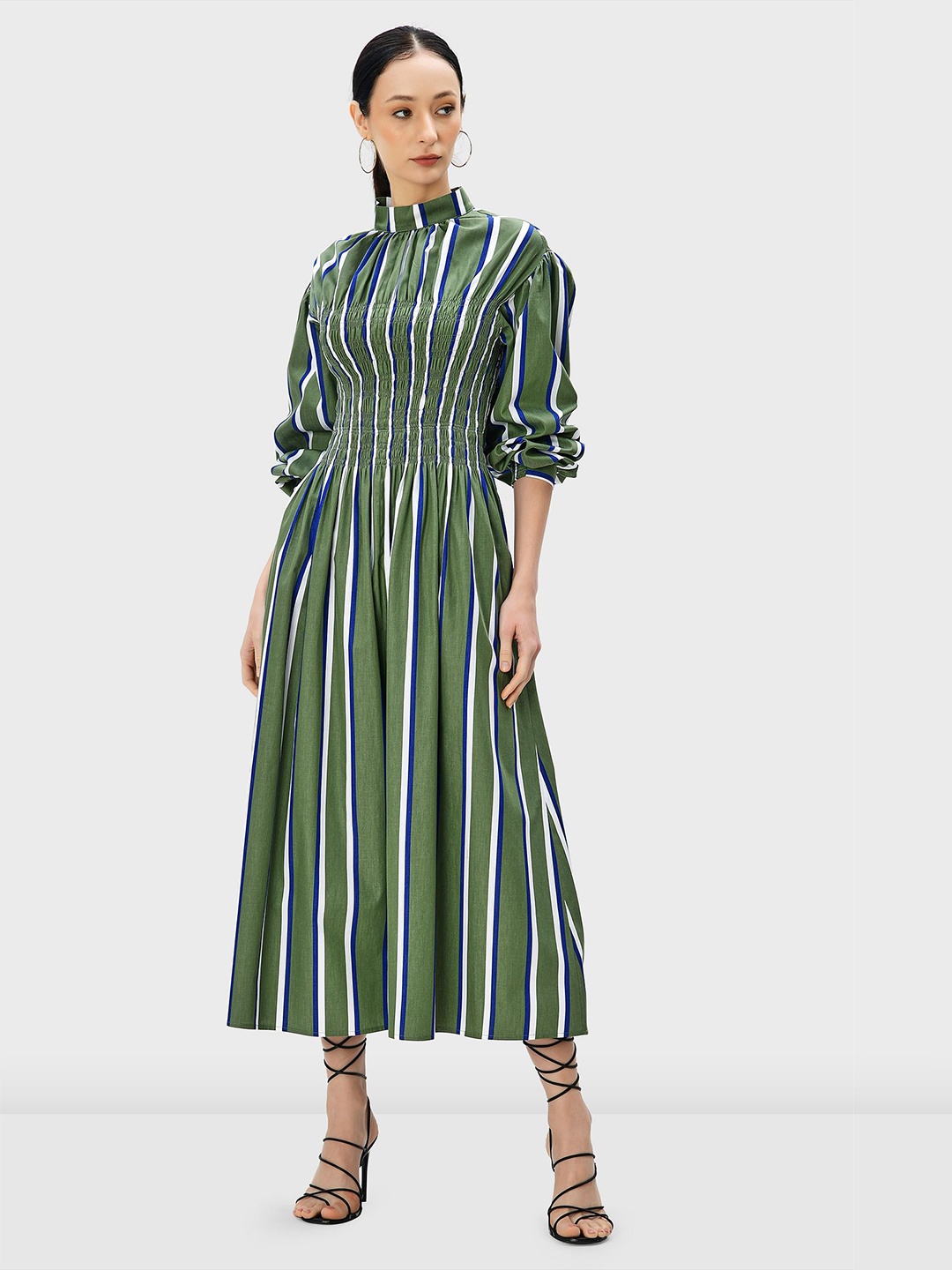 

Zapelle Striped Cuffed Sleeves Smocked Cotton Fit & Flare Midi Dress, Green