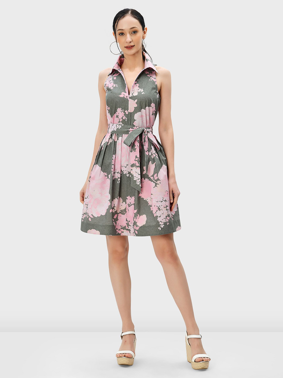 

Zapelle Floral Print Fit & Flare Cotton Dress, Green