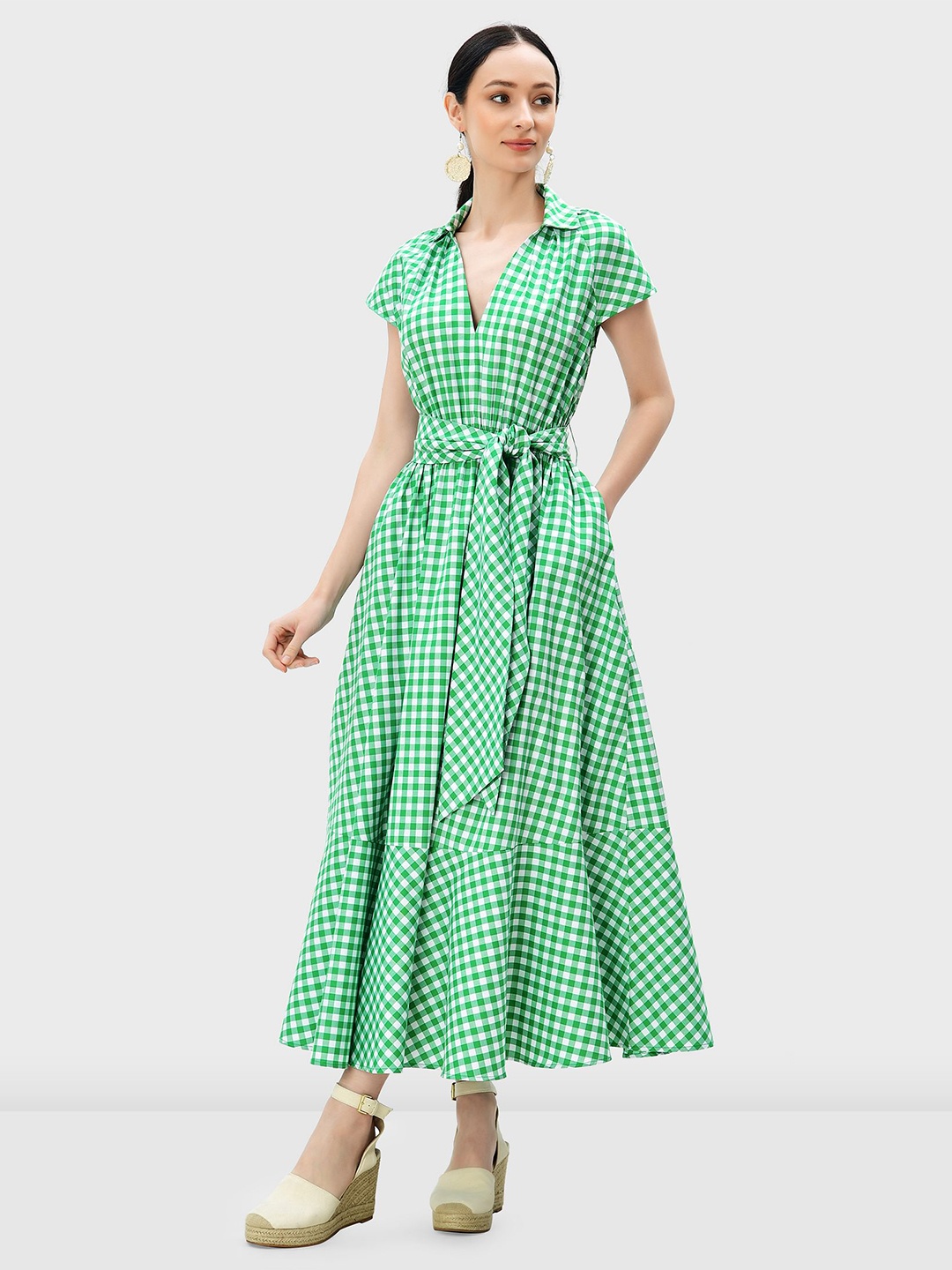 

Zapelle Checked Belted Shirt Dress, Green