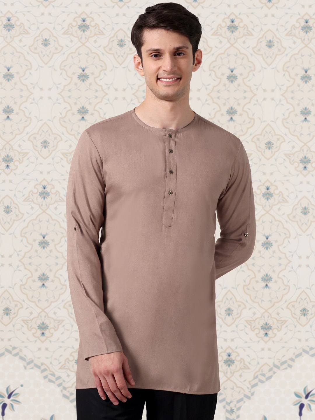 

Ode by House of Pataudi Brown Henely Neck Roll-Up Sleeves Straight Short Kurta