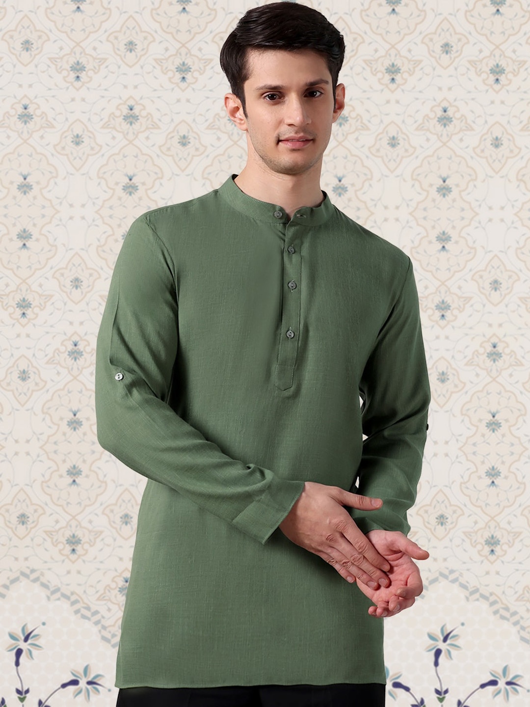 

Ode by House of Pataudi Green Band Collar Short Kurta