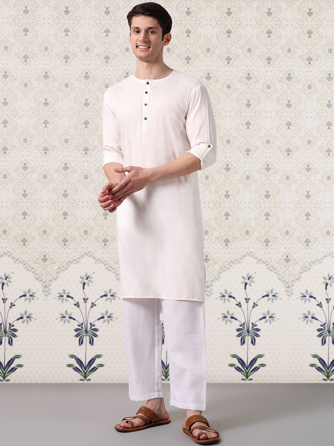 

Ode by House of Pataudi White Henely Neck Roll-Up Sleeves Straight Short Kurta