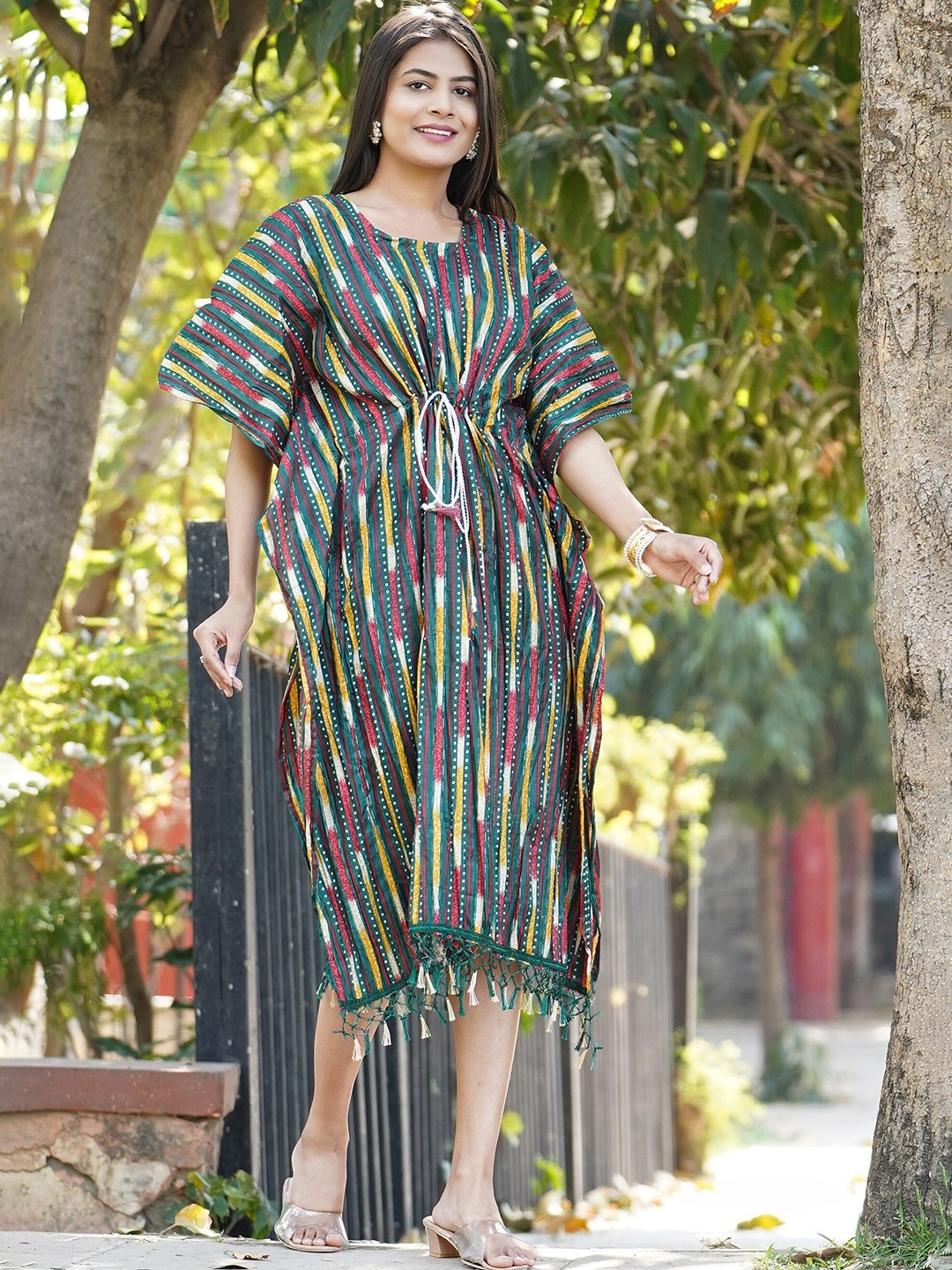 

Kesarya Striped Kimono Sleeves Kaftan Dress, Green